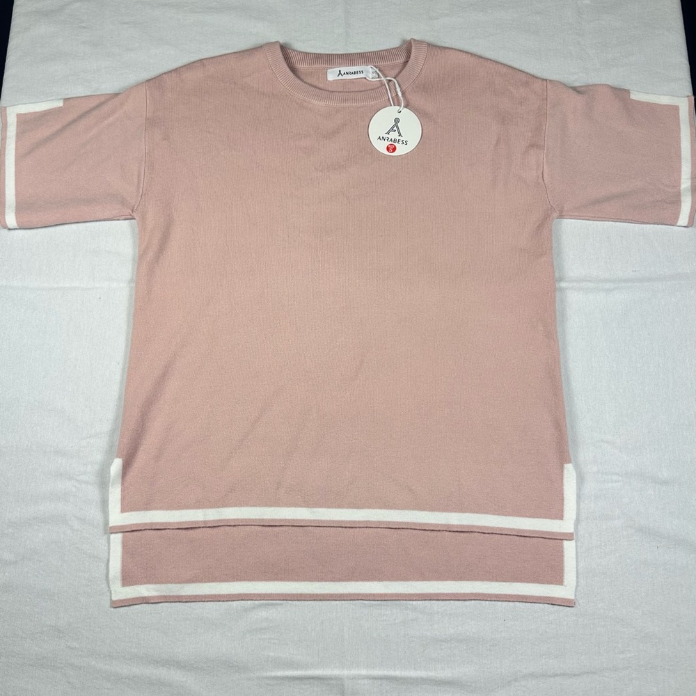 anrabess Size S Pink Short Sleeve Top with White Trim